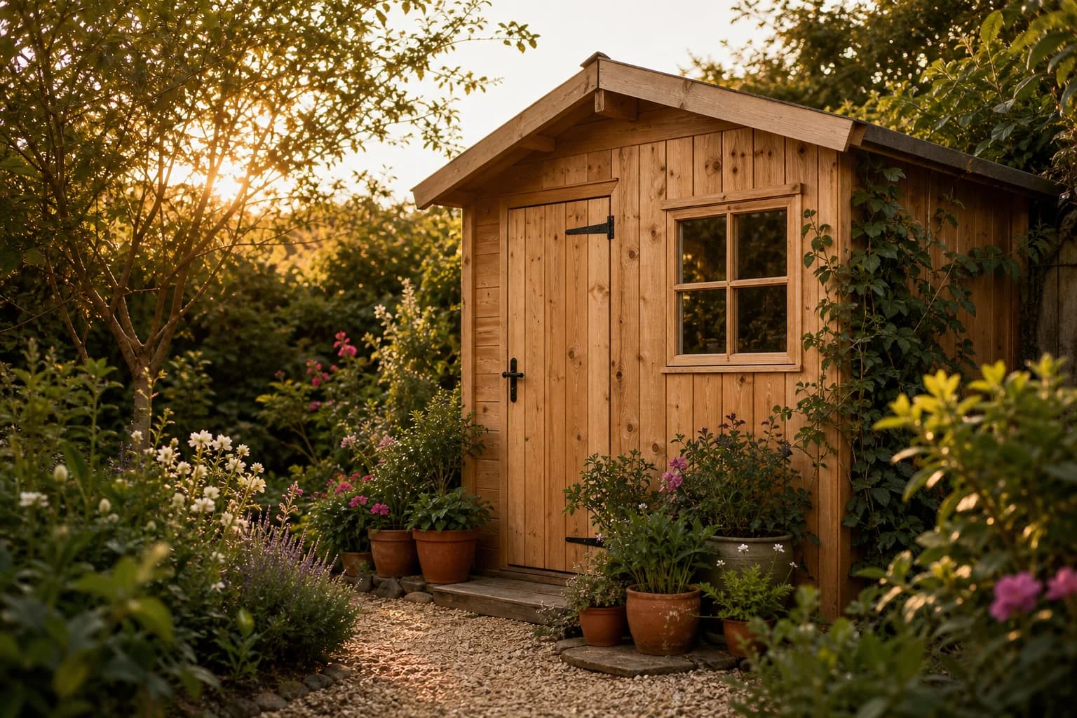 A timber Crafted Sheds garden shed in a cottage garden at golden hour