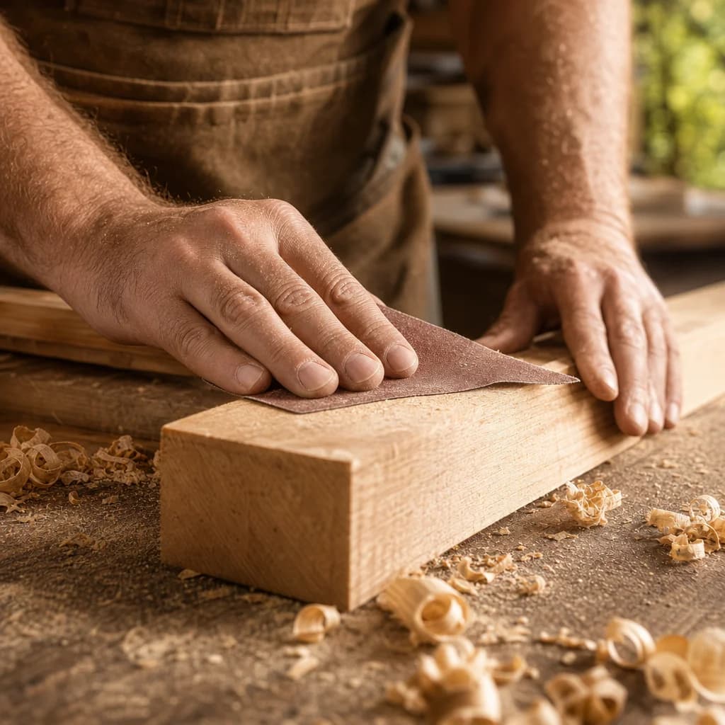 Hands sanding a timber plank in a sunlit workshop
